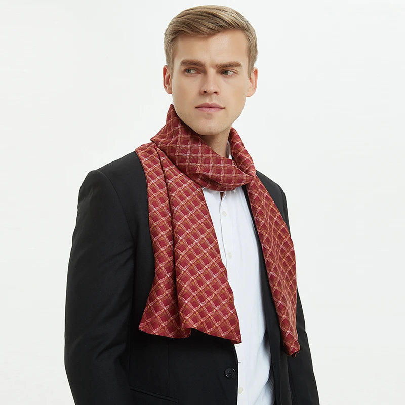 Winter Silk Scarf for Men Fashion Paisley Plaid Print Red Scarves Double-faced Twill Long Shawl 170X30cm Luxury Brand Men Scarfs