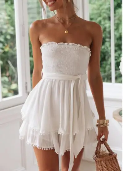 

2019 white hollow out dress Slash Neck Vintage tie wrap front Mini Dress Ruffled Summer Dress Sleeveless vestidos
