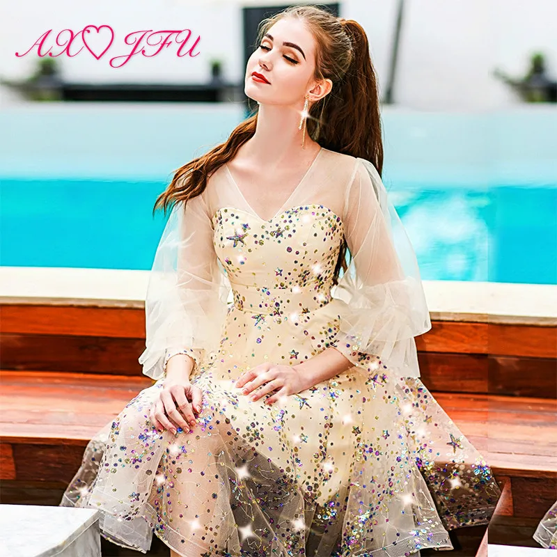 AXJFU принцесса Иллюзия шампанского кружева короткое вечернее платье Винтаж v шеи бисером блестящие звезды с длинным рукавом вечернее платье 7888