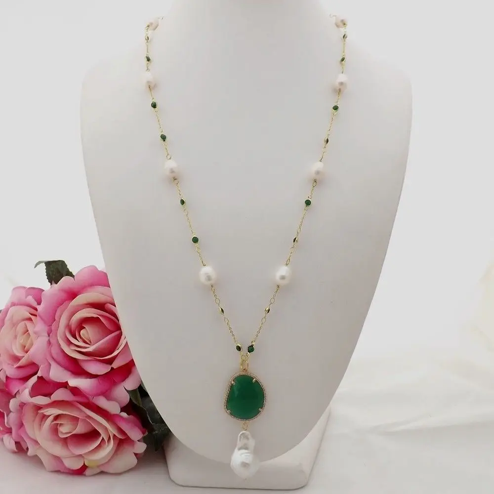 

GE090606 26'' White Rice Pearl Green Crystal Chain Necklace Keshi Pearl Pendant