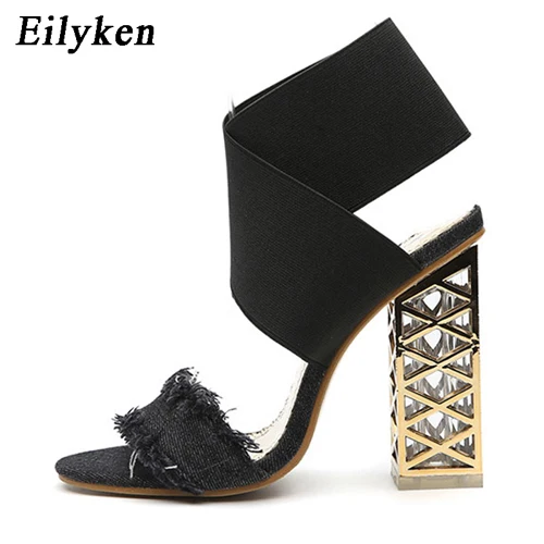 Eilyken/Модные женские босоножки из джинсовой ткани; Цвет черный, синий; туфли-лодочки на прозрачном каблуке с эластичным ремешком; женские сандалии в римском стиле - Цвет: 923-12 Black