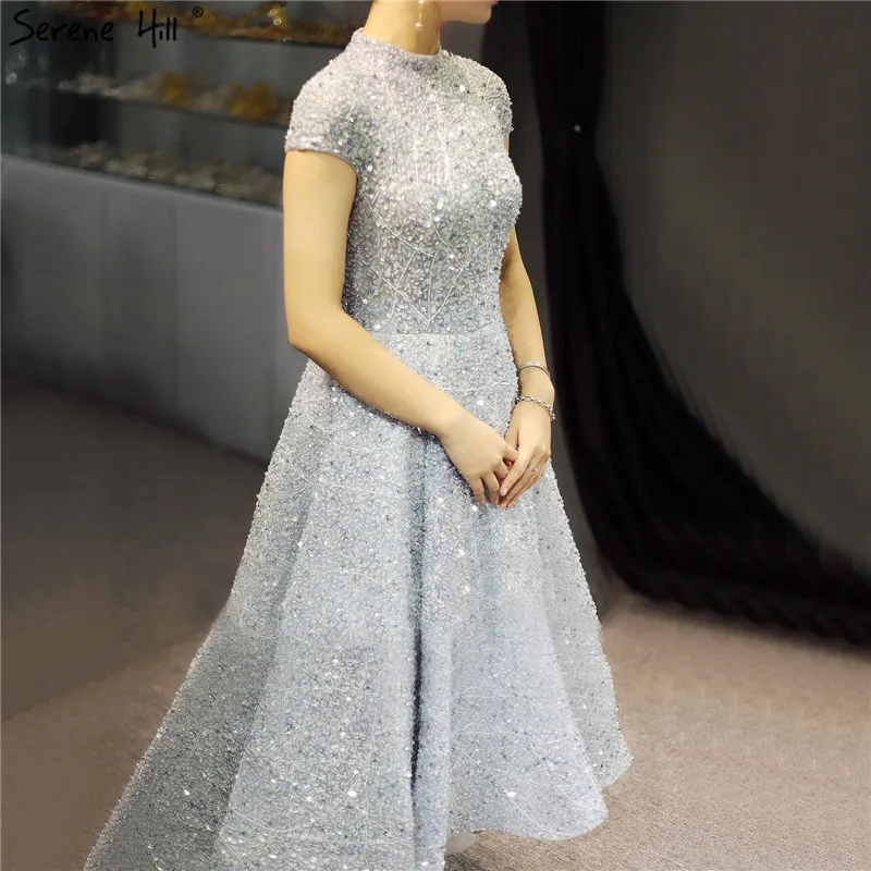 Дубай роскошные серебряные асимметричные вечерние платья 2019 с высоким горлом расшитые блестками вечерние платья Serene Хилл LA60757
