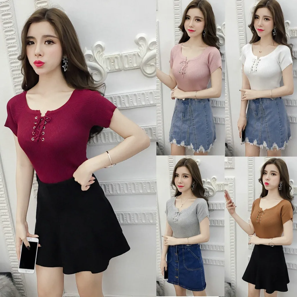 

Fashion Summer Women Knit Tops Short Sleeve Elastic Slim T-shirt T Shirt