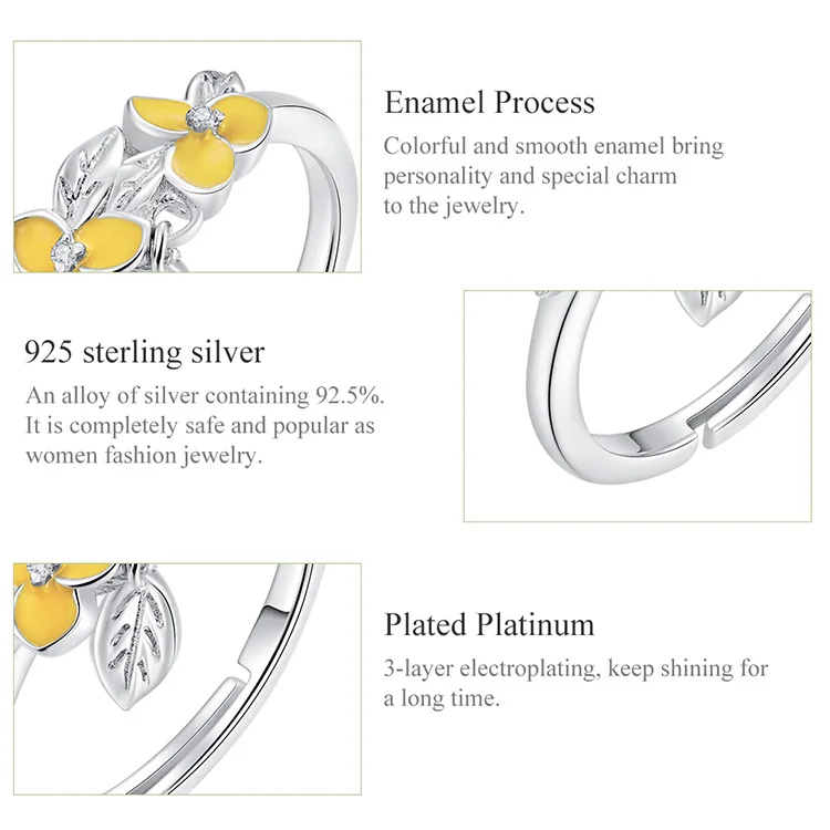 Bamoer цветок и лист Регулируемые кольца для женщин 925 пробы Серебряная Эмаль Цветочный Дизайн Ювелирные изделия Bijoux BSR026