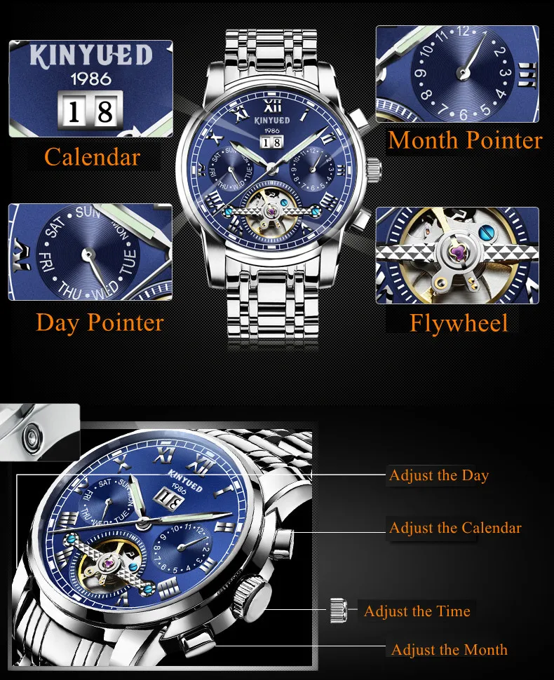 KINYUED Brand Stainless Steel Mechanical Wrist Watches Skeleton Tourbillon Automatic Watch Mens Black Gold Luminous Male Clock  (3)