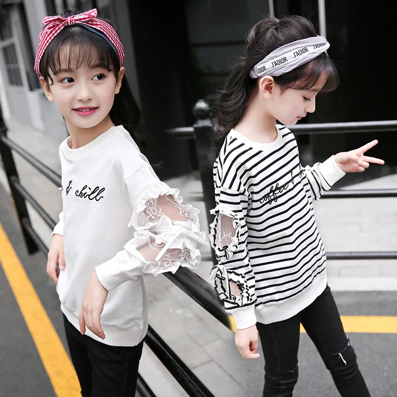 

2019 Girls Lace T Shirt Spring Long Sleeve Striped Cotton Clothes For Girls 12 Years Brand Children's T-shirt Girls Tops Teen 10