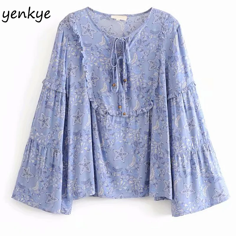 2018 Women Blue Printed Boho Blouse Lady Lace Up O Neck