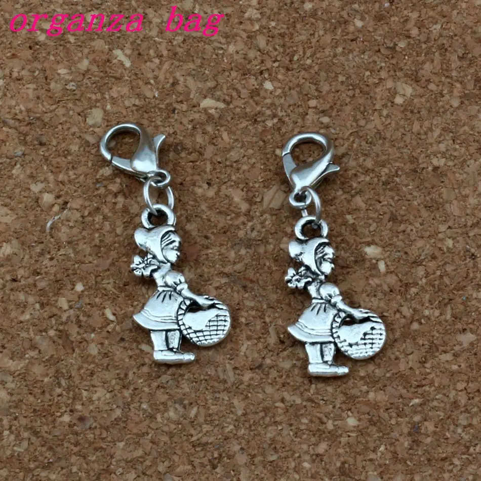 

100Pcs/lots Antique silver Alloy mention basket Girl Charms Bead with Lobster clasp Fit Charm Bracelet DIY Jewelry 11.5x36mm