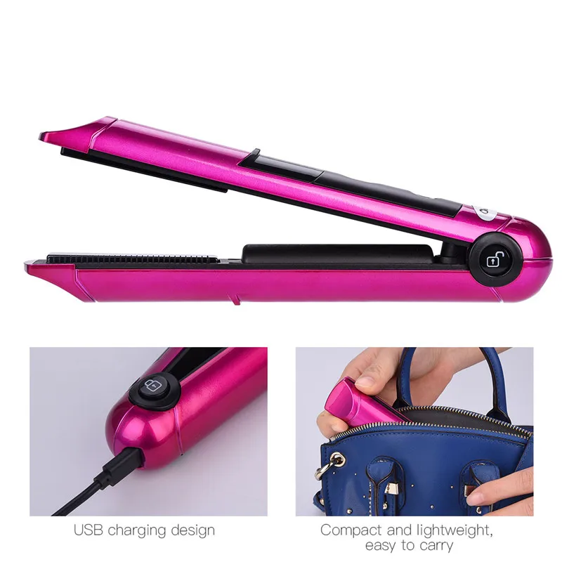 Mini USB Wireless Rechargeable Hair Straightener With lock system great for travel Cordless Flat iron Hair Curler Curling Wand49