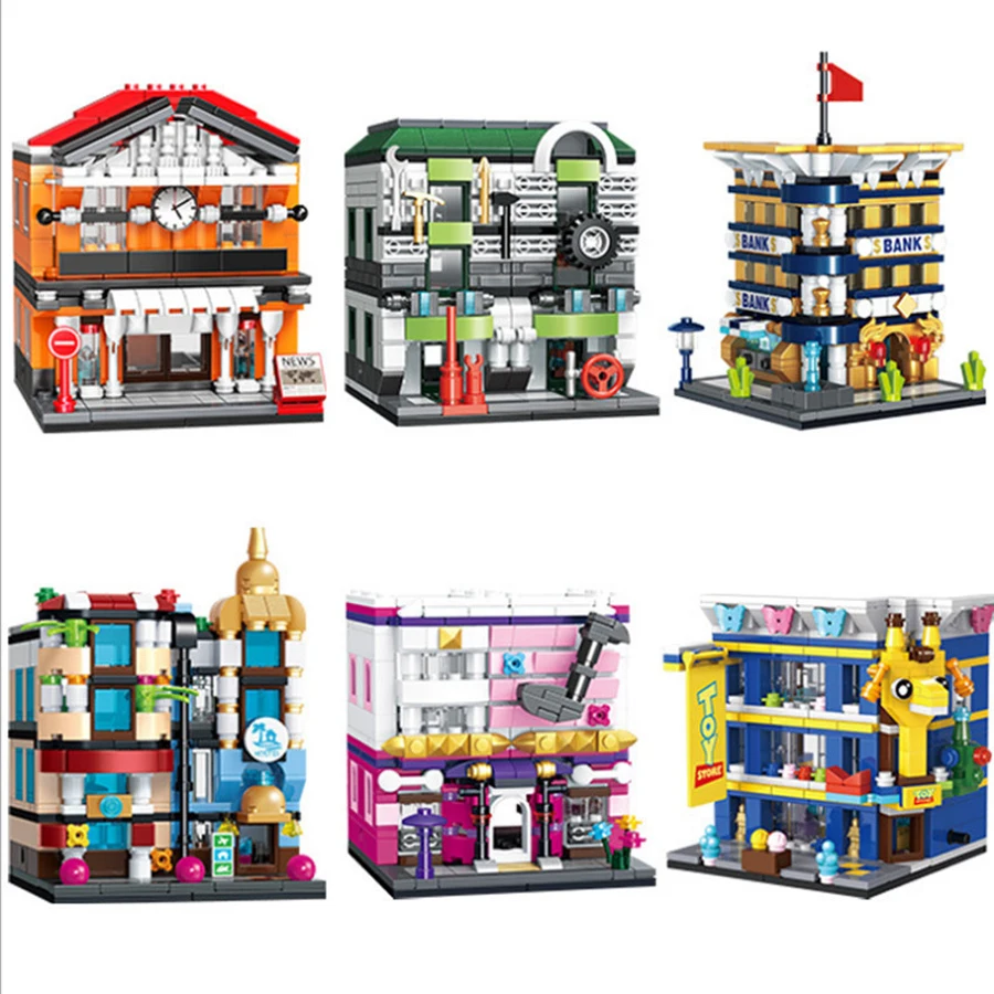 

6Set/Lot City Mini Street View Car TRAIN STATION,Bank,Concert Hall Store Street Building Blocks Brick Kids Toys Gift