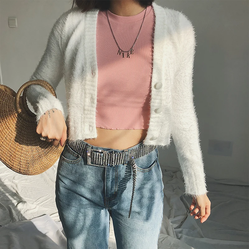 

2019 Spring Summer Women causal Crop Knitted long Sleeves Cardigans with Buttons Deep V Neck Crop Knit Jumpers sweater