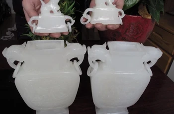 

Chinese White Jade Handwork Carve Foo Dog Lion Beast Dragon Zun Pot Vase Pair