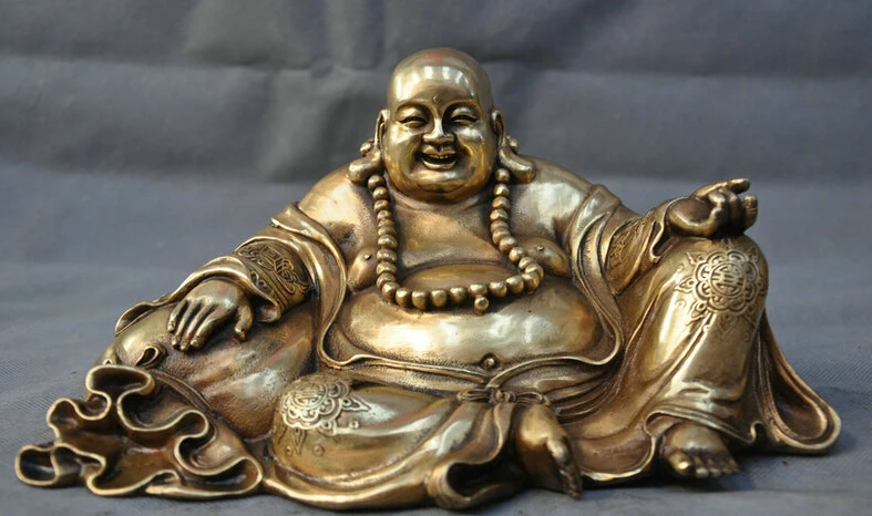 

11'' China Bronze Buddhism Happy Maitreya Buddha Monk Hold Yuanbao Money Statue R0713