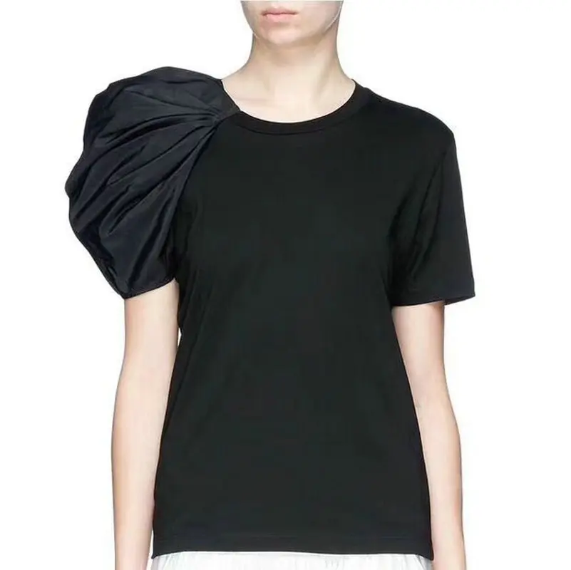 Summer Office Lady Skinny Patchwork Tshirt Tops Women Short Puff Sleeve Solid Plus Size Female T-shirt Black White Elegant Tees | Женская