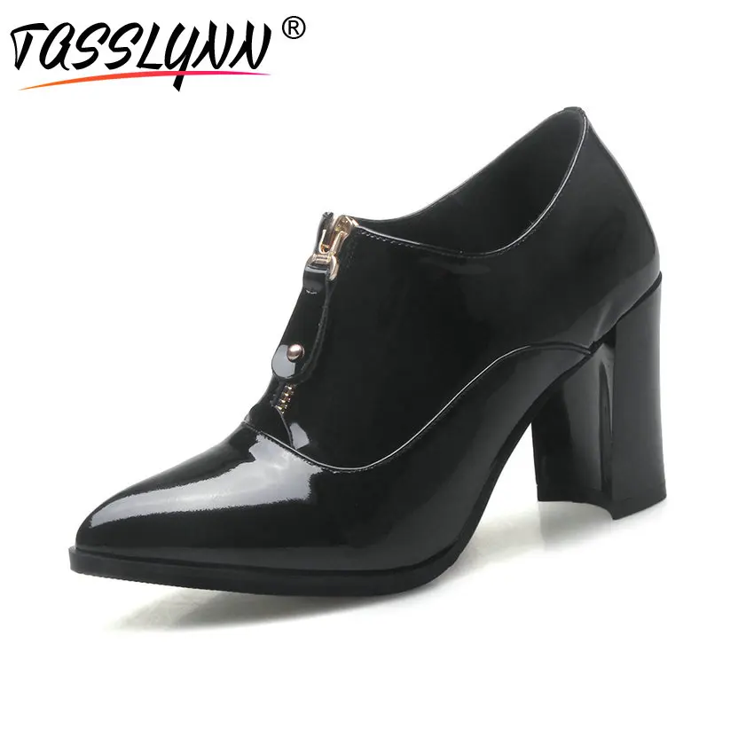 

TASSLYNN 2018 Women Pumps Real Leather +PU Pointed Toe Zipper Spring Shoes Ladies Black Square High Heel Pumps Black Size 34-39