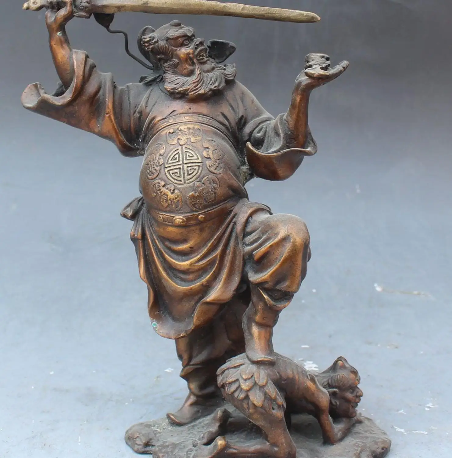 

8" Chinese Bronze Zhong Kui ChungKuel God Catch Demon Devil Hold Sword Statue