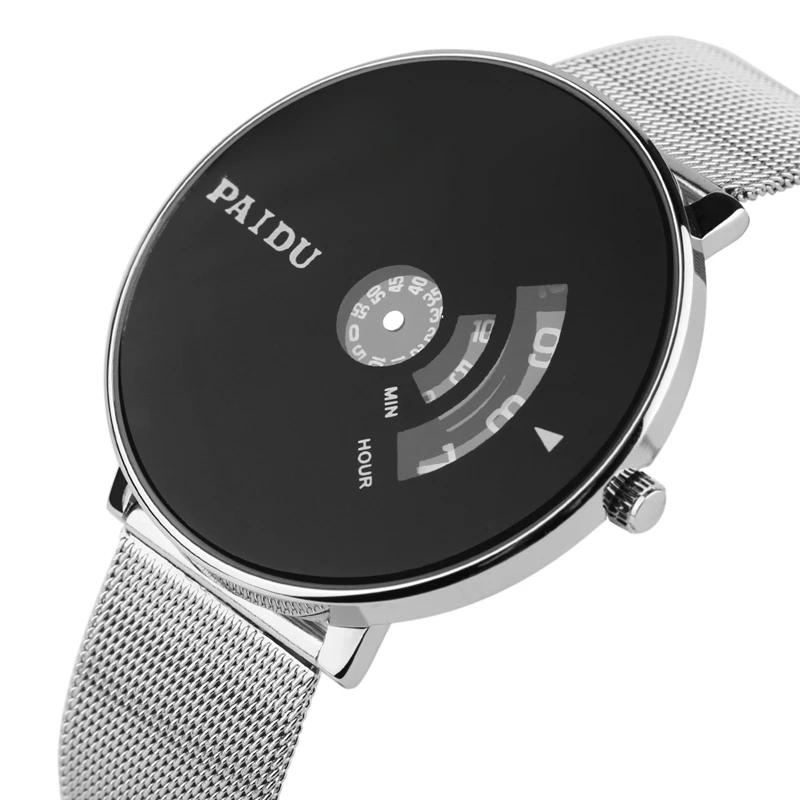 

PAIDU Black Dial Turntable Watch New Fashion Men Women Concise Quartz Clock Gifts with Luxury Silver Mesh Band Relogio Masculino