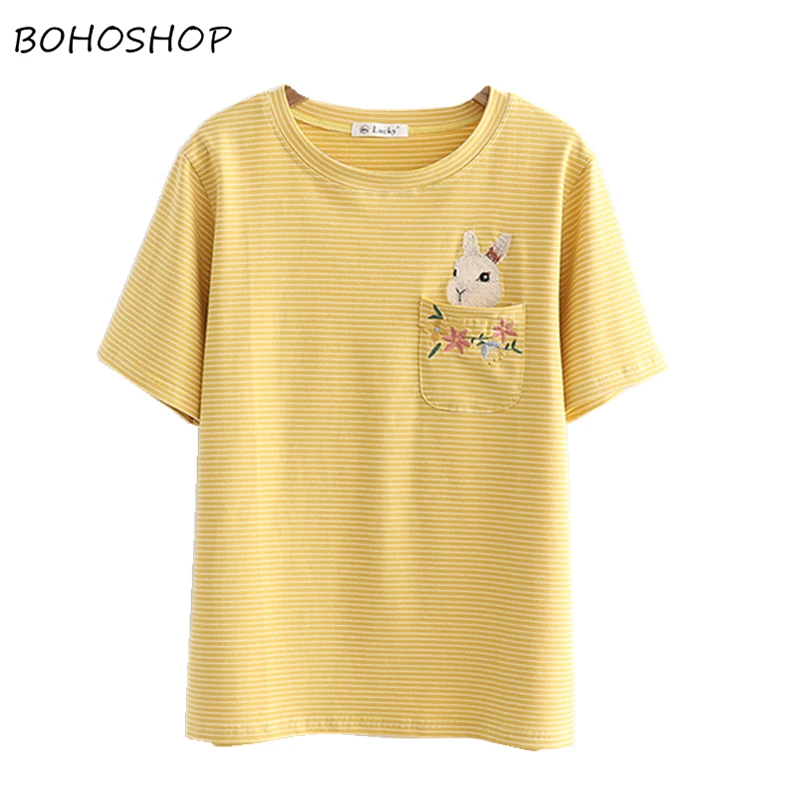 

Harajuku Summer fashion cute women t shirt top striped pocket rabbit embroidery female cotton tshirt oversize