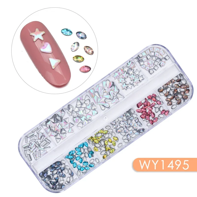 12 решеток золотые, серебряные, полые 3D украшения для ногтей металлические заклепки для ногтей блестки Стразы DIY украшения для ногтей боди-арт - Цвет: WY1495