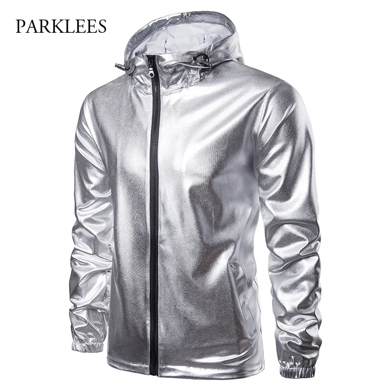 Buy Hooded Jacket Men Glitter Coated Metallic Jaqueta Masculina Streetwear Hip