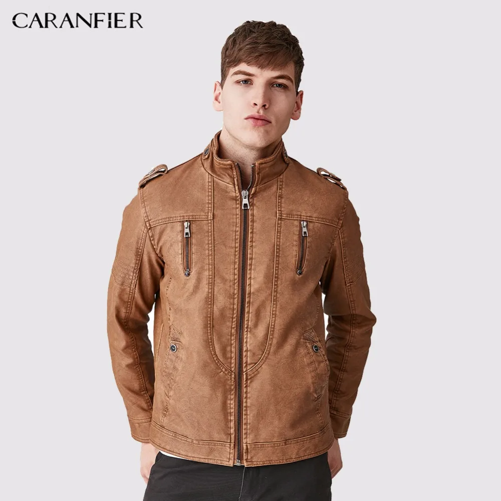 CARANFIER Мужская Флисовая Толстая кожаная куртка повседневная верхняя одежда