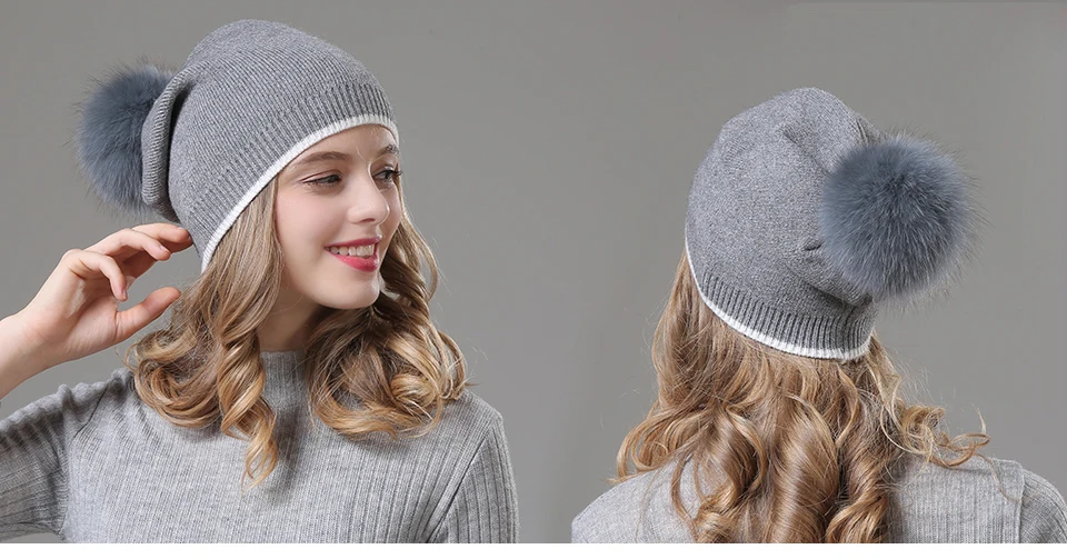 Winter Hats For Girls Skullies Knitt Wool Pom Poms Beanies Female Real Fox Fur Pompon Hat For Women 2018 New (5)