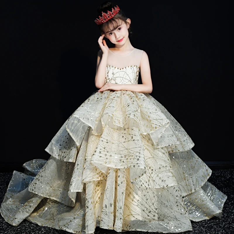 

Luxury Flower Girl Dresses for Wedding Layered Long Trailing Kids Pageant Dress Birthday Sequined Bling Princess Costume B417