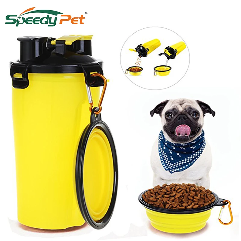 4 Color Travel 2 in 1 Pet Food Water Bottle with Bowl Dual Chambered