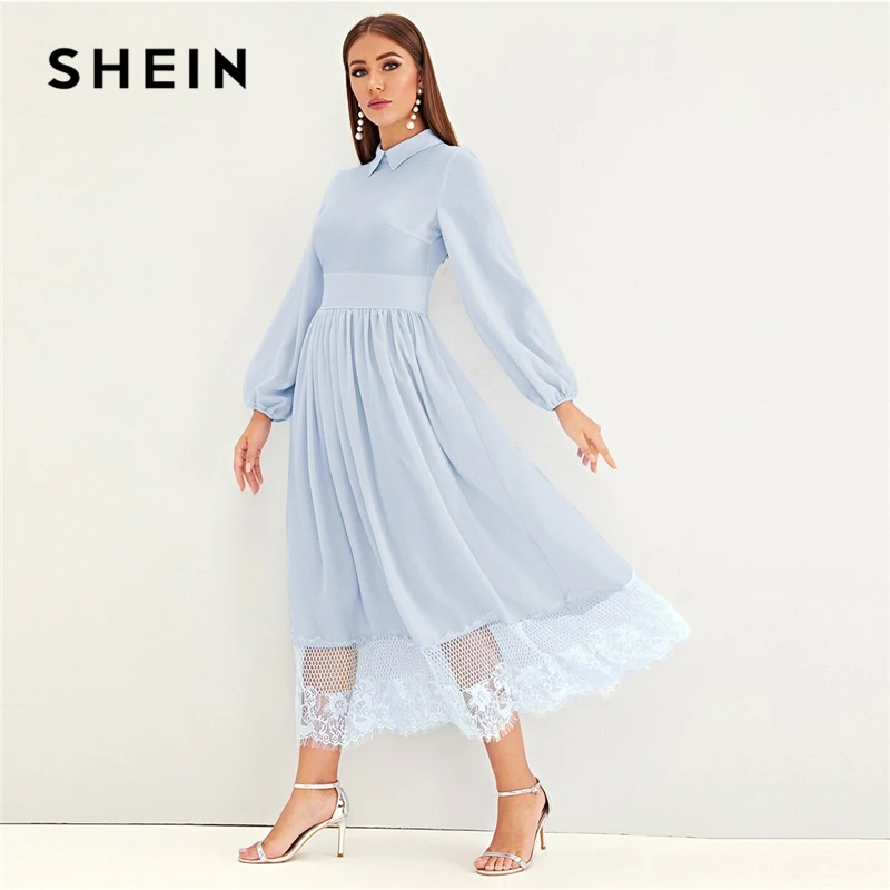 SHEIN, однотонное, контрастное, с кружевным подолом, Элегантное макси платье для женщин,, Осеннее, с широким поясом, расклешенное, длинное, вечерние платья