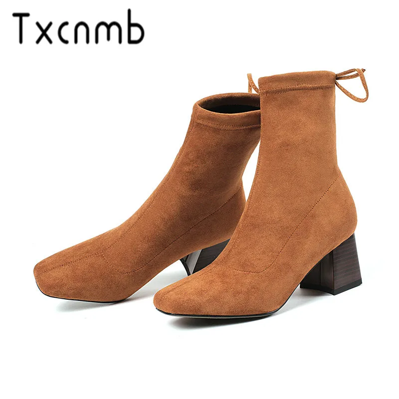 

TXCNMB 2019 Boots Women Ankle Boots for Women Winter Flock Leather High Heel Shoes Woman Round Toe Size 41 42 43