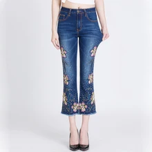 FERZIGE красивые вышитые бисером цветочные расклешенные брюки женские обтягивающие джинсы с высокой талией женские синие Лолита Стиль Плюс Размер 36