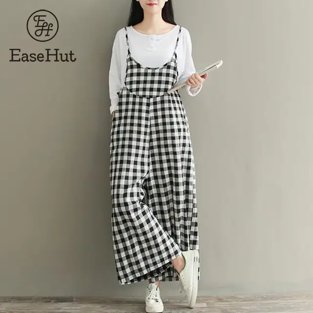 EaseHut Plus Size Rompers Women Check Plaid Dungaree Jumpsuits Overalls Vintage Strappy Casual Loose Harem Pants Long Trousers