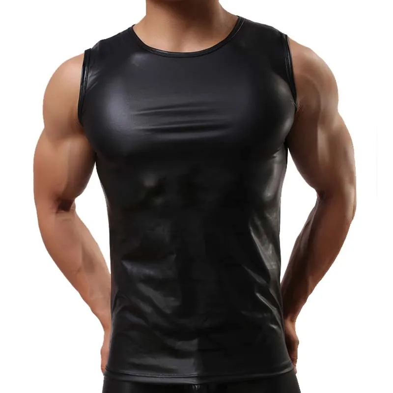 Tank Top Men Fashion 2017 Sexy Faux Leather Solid Black Men Tank Top Slim Fitness Sleeveless