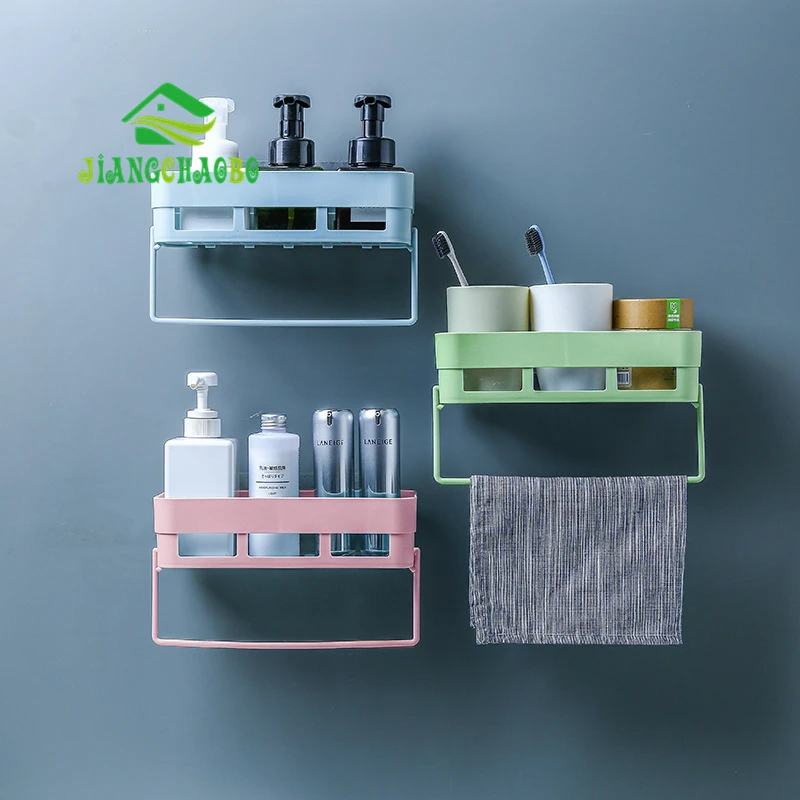 

JiangChaoBo Multi-function Seamless Stickers Rack 5 Hooks With Towel Bar Bathroom Hollow Storage Rack Drawer