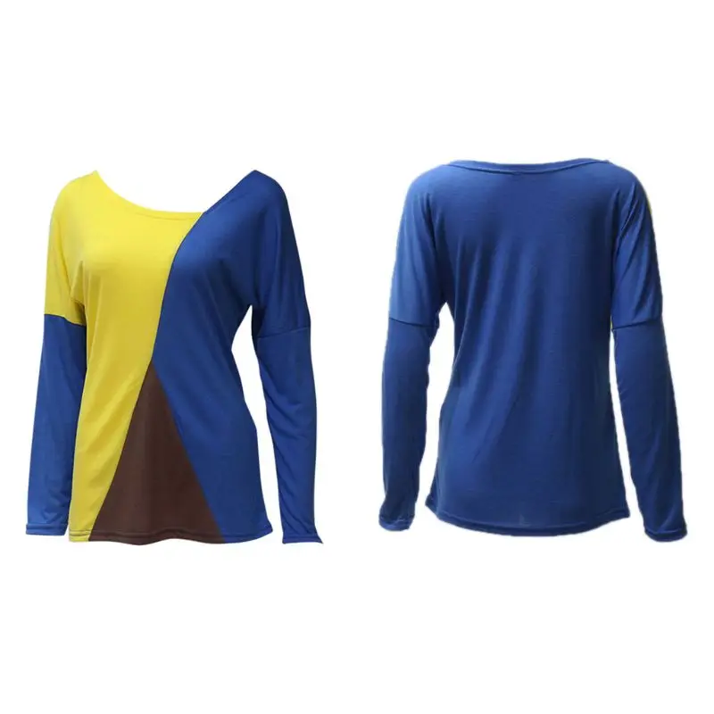 

Womens Autumn Plus Size Long Sleeves T-Shirt Geometric Color Block Patchwork Pullover Tops Asymmetrical V-Neck Loose Casual Blou