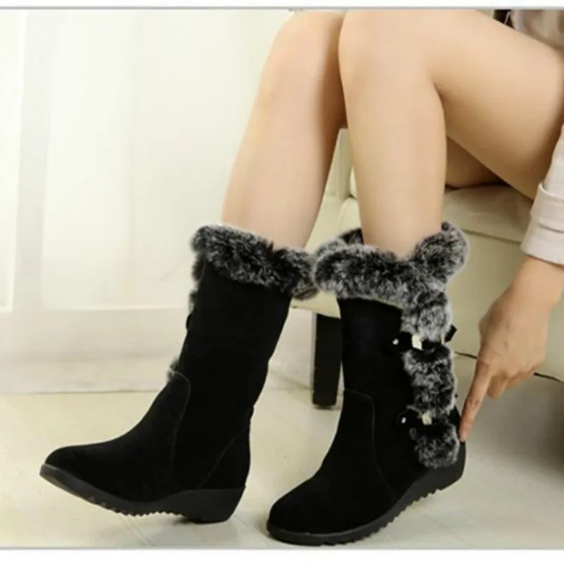 

2018 autumn and winter new female snow boots thick bottom set foot imitation rabbit fur cotton boots wedge with women's boots