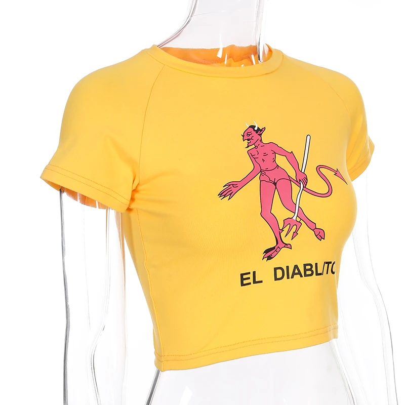 TELITE Сексуальная приталенная укороченная футболка женская модная хлопковая Футболка с мультяшным принтом летняя желтая трикотажная футболка с круглым вырезом Devil Top