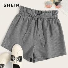 SHEIN элегантные черно-белые шорты с поясом в мелкую клетку, женские летние милые клетчатые шорты с высокой талией и оборками