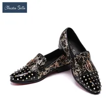 Christia Bella Genuine Leather Men Flats Casual Shoes Punk Style Rivter Loafers Shoes with Metal Shark Tooth Boat Shoes Sapatos