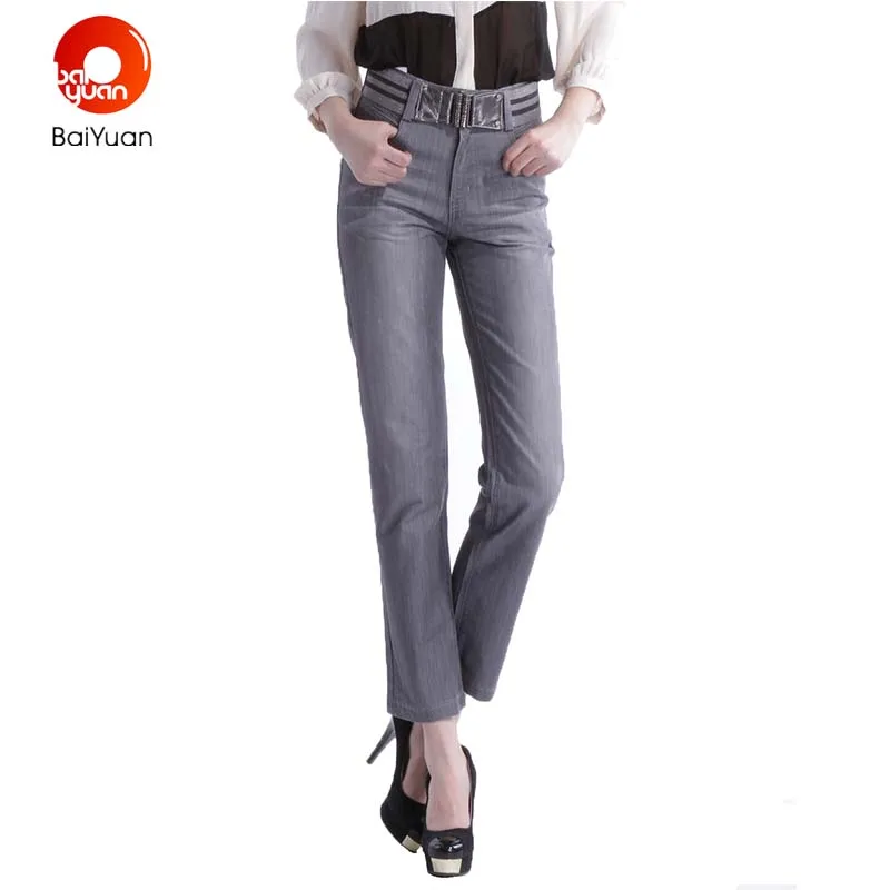 Baiyuan 2017 мода Женская Skinny Серый Дамы джинсы женские лодыжки длина брюки карандаш