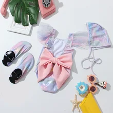 Пляжная одежда принцессы; большой купальник с рюшами и бантом; модная Русалка для девочек; купальный костюм из лазерного материала; детская одежда; YZ19059