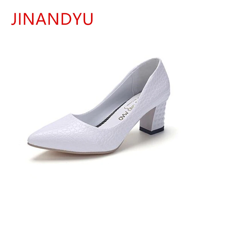 

Pointe Shoe White Pink Thick Heels Ladies Shoes Female Patent Leather Office Shoes Women Shallow Mouth Black High Heels 2019