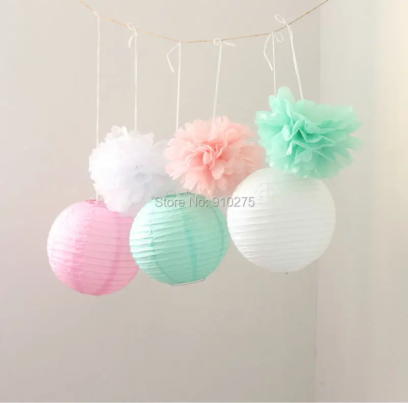 Set Of 9 Mixed Mint Pink White Tissue Paper Pom Poms And Paper