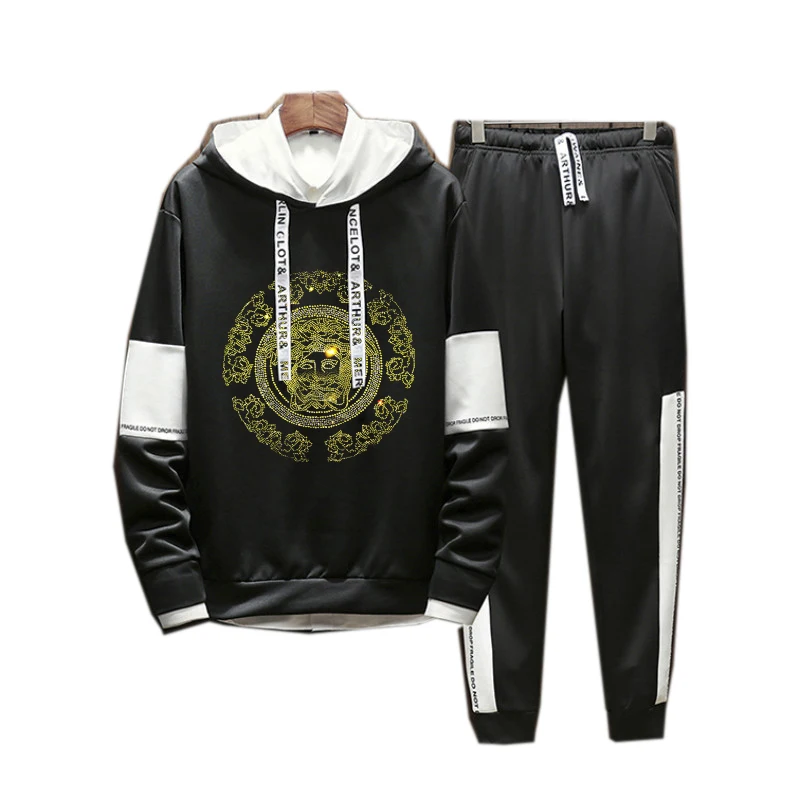 

Men Hoodies Gym TrackSuit Sport Jacket Coat Suit Set Trousers Pants Jogger sweat Shinny Bead