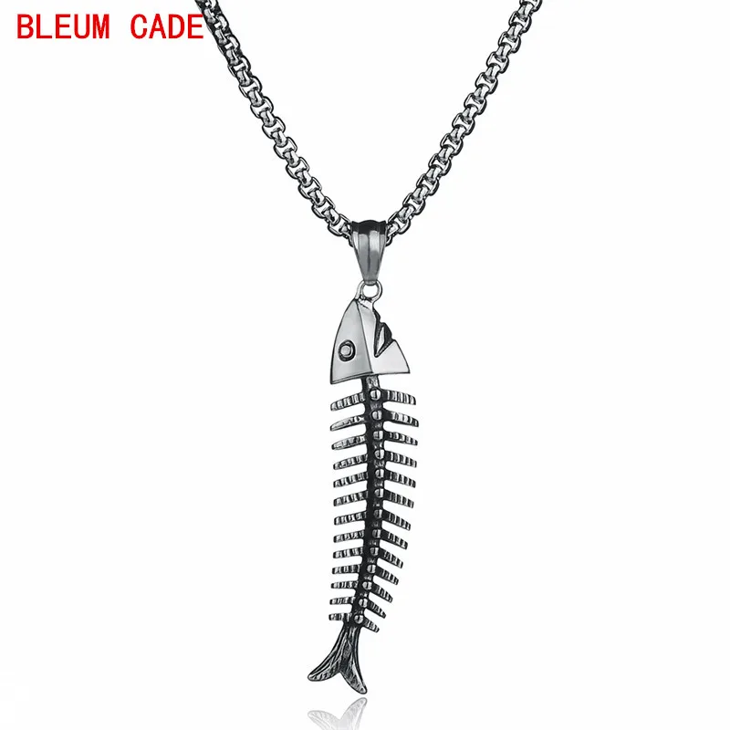Titanium Stainless Steel Fish Shape Fishbone Pendant Necklace Gothic