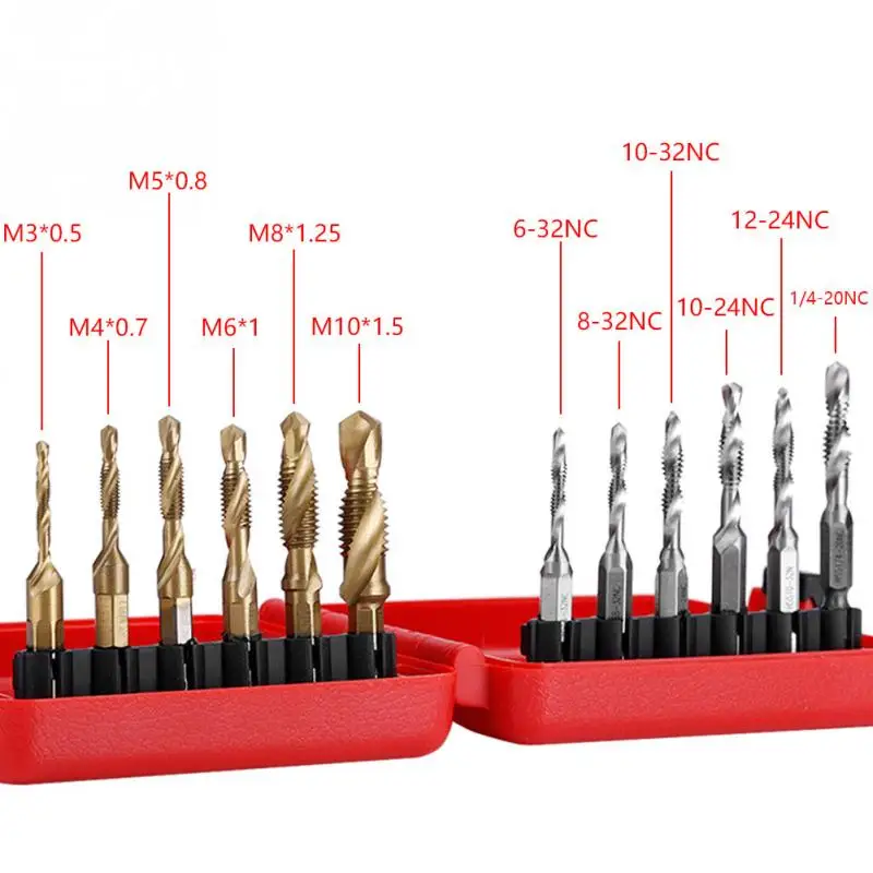 Aukson 12pcs M3-M10 Hex Shank Titanium Plated HSS Screw Thread Metric & Inch Tap Drill Tap Set 
