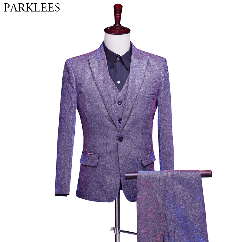 Us 6516 50 Offmens Purple One Button Change Color Mesh Dress Suits Party Wedding Groom 3 Pcs Suitjacketpantsvest Men Costume Mariage Homme In