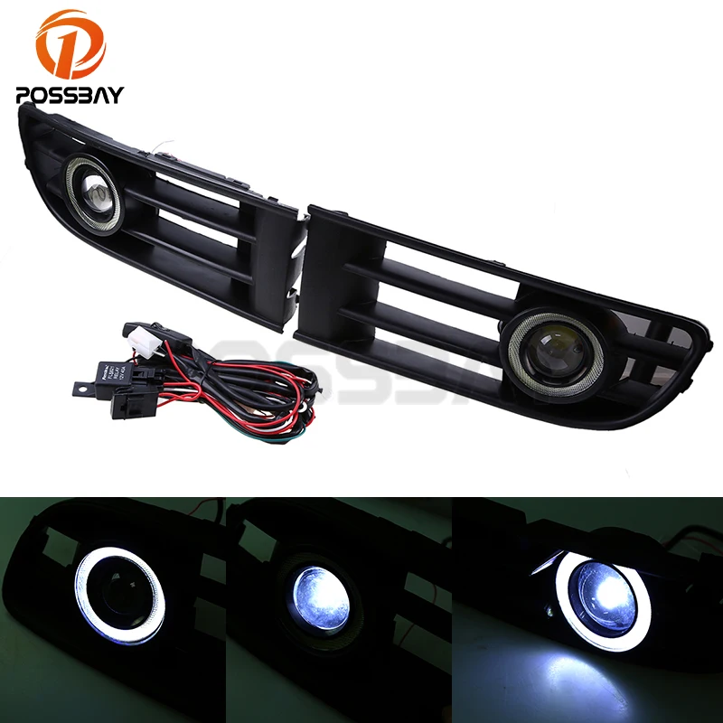 POSSBAY White Front Bumper Angel Eye Fog Light Grille LED Daytime Running Lights For VW Polo