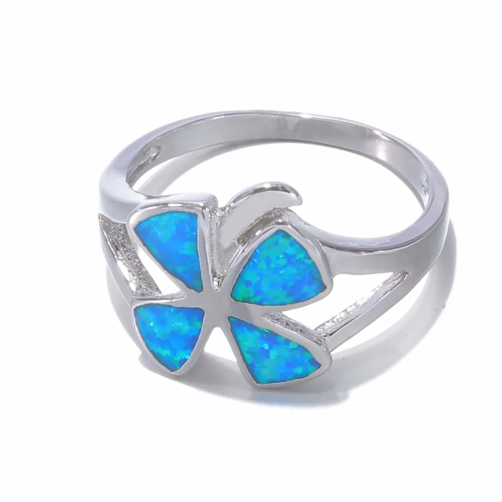 CiNily Created Blue Fire Opal Silver Plated Wholesale Lucky Leaf for Women Jewelry Wedding Engagement Ring Size 7 OJ9308