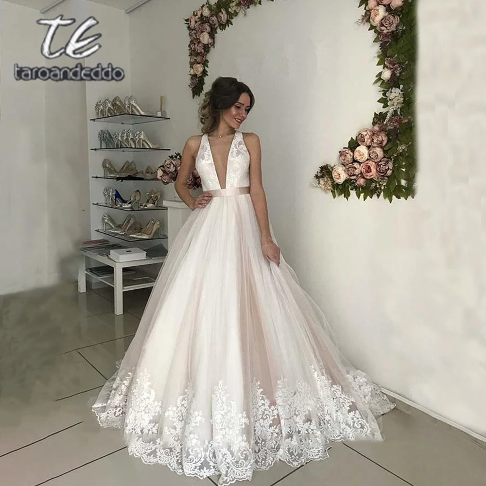 V Neck Tulle Wedding Dresses A Line Open Cross Back Applique Floor